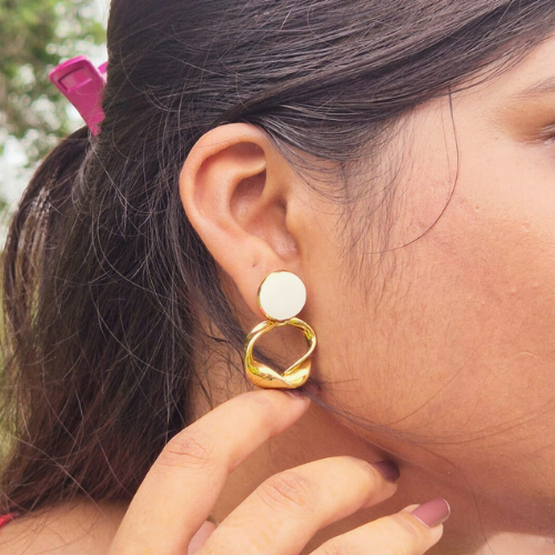 Elegant Fusion Loop Earrings – White & Gold Charm