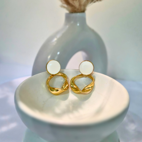 Elegant Fusion Loop Earrings – White & Gold Charm